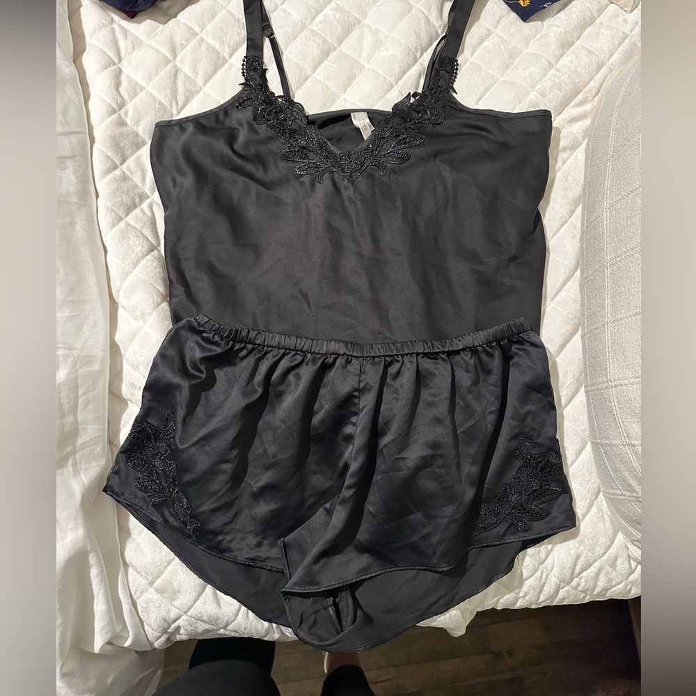 Black satin lace PJ set
